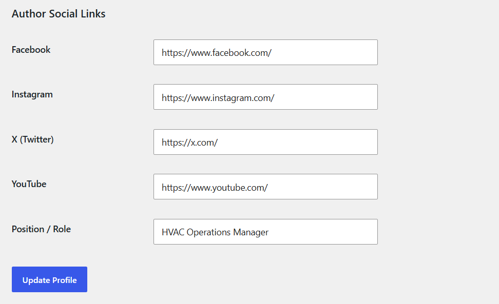 Author social link settings example