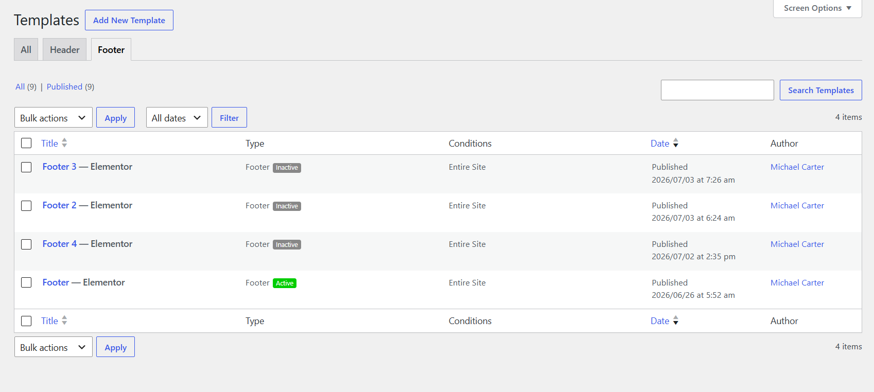 Footer settings example