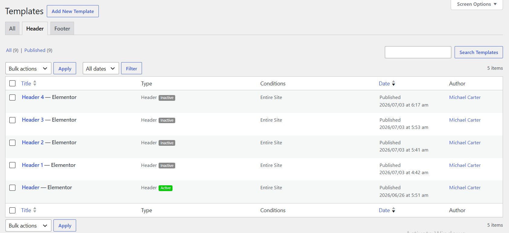 Header settings example