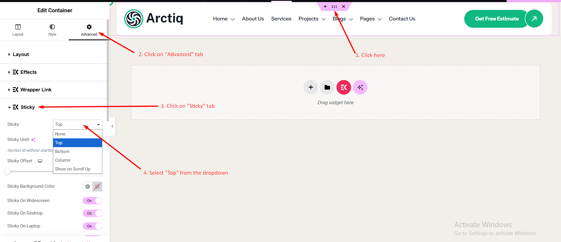 Sticky header settings