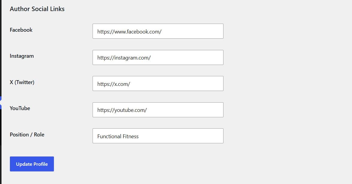 Author social link settings example