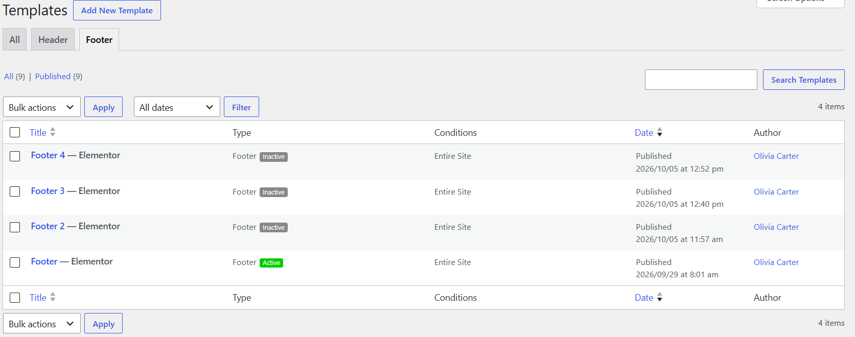 Footer settings example