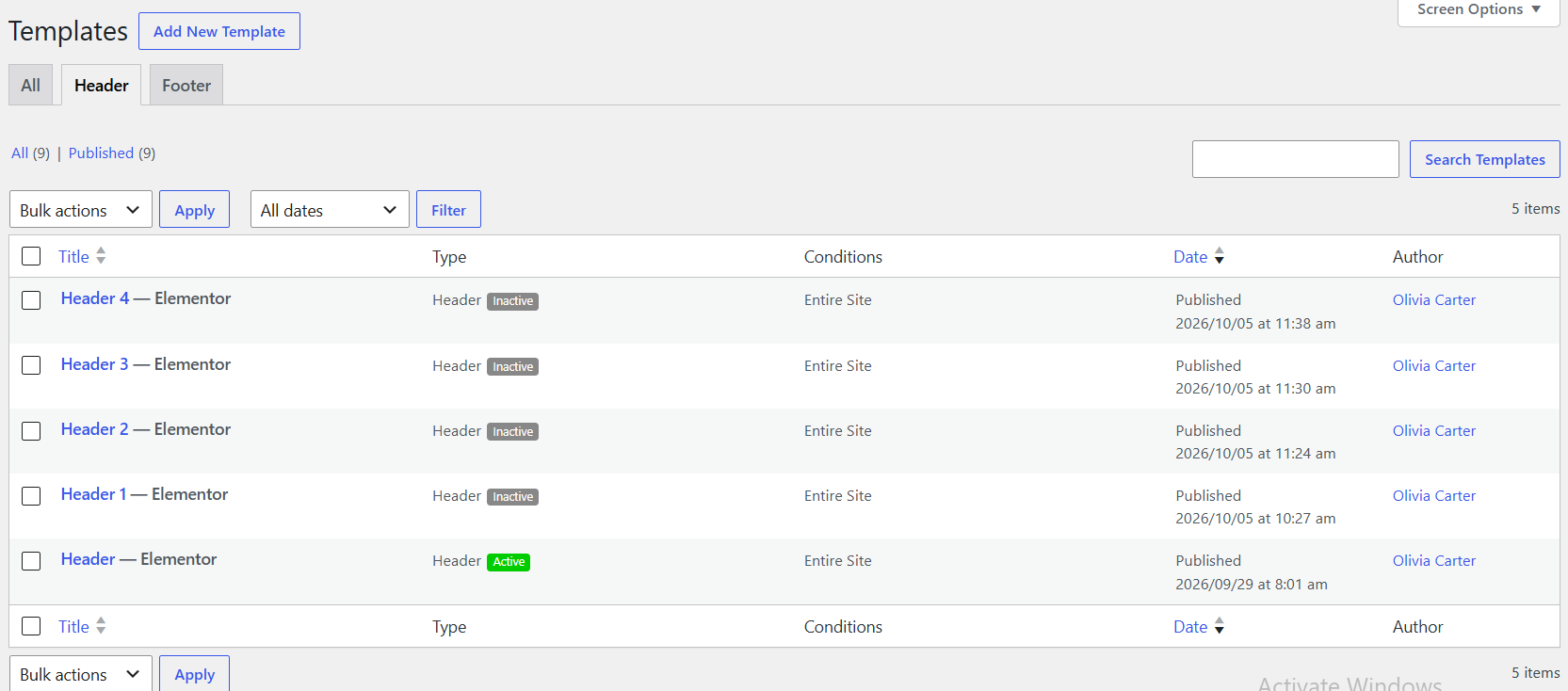 Header settings example