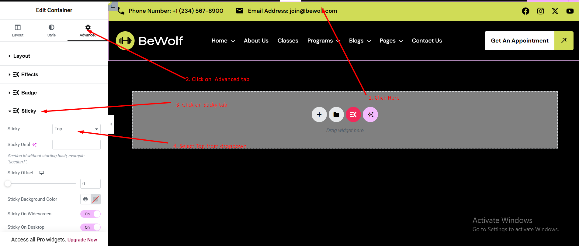 Sticky header settings