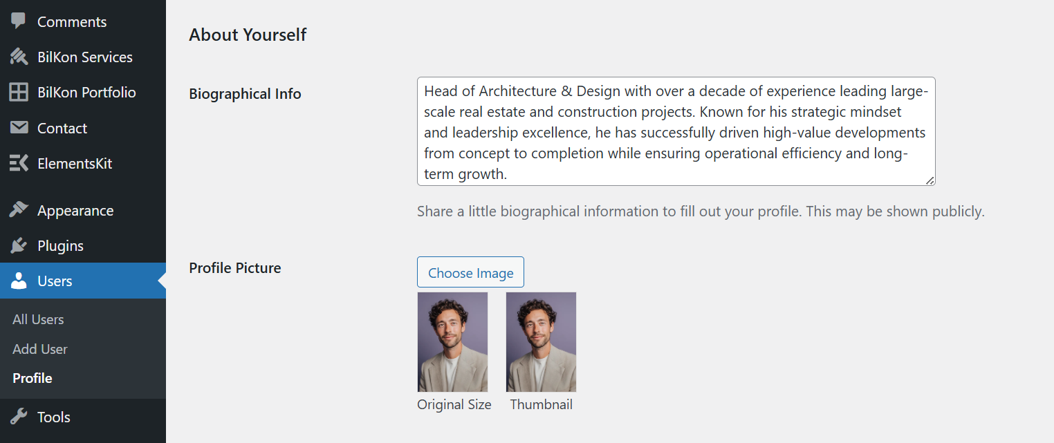 Author bio settings example