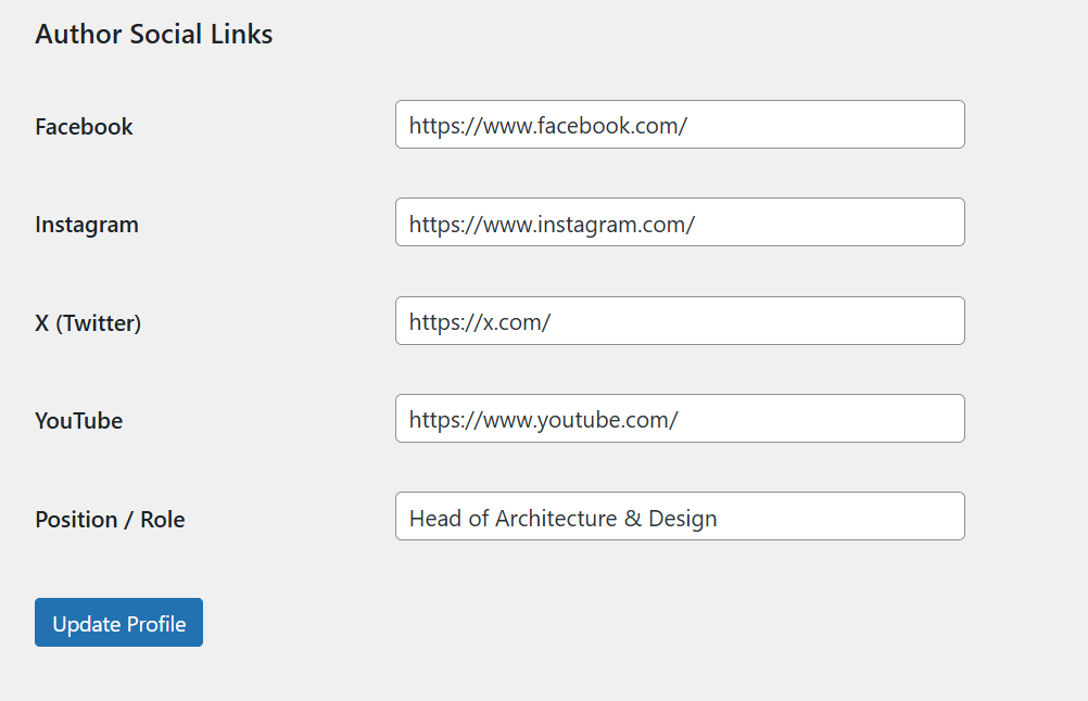 Author social link settings example