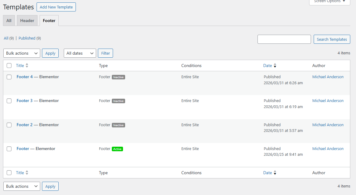 Footer settings example