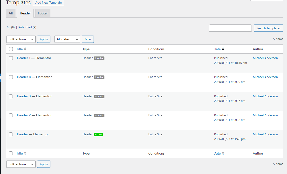 Header settings example
