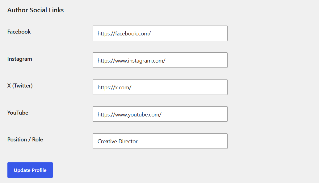 Author social link settings example