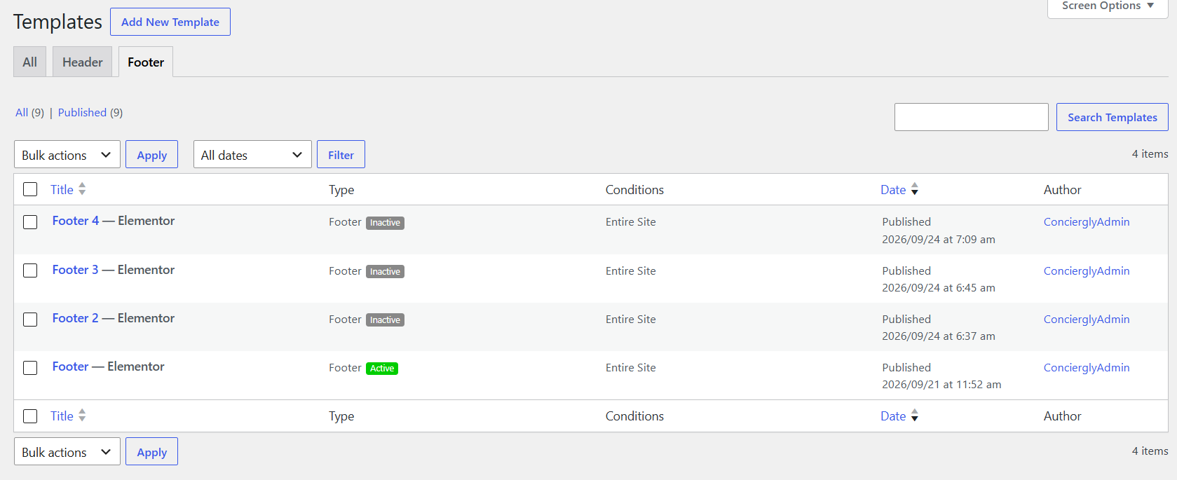Footer settings example