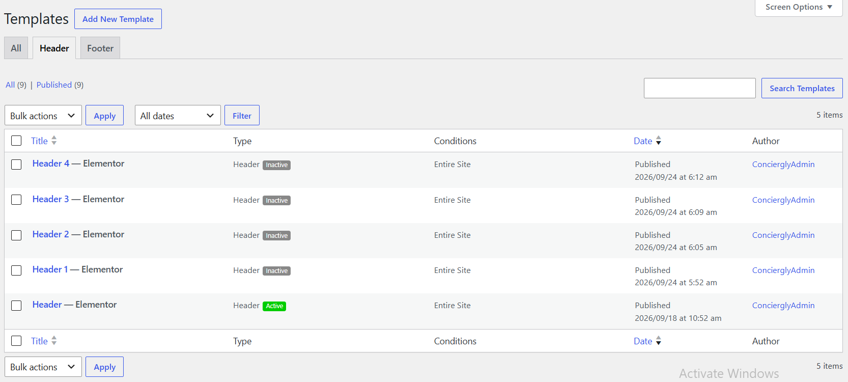 Header settings example