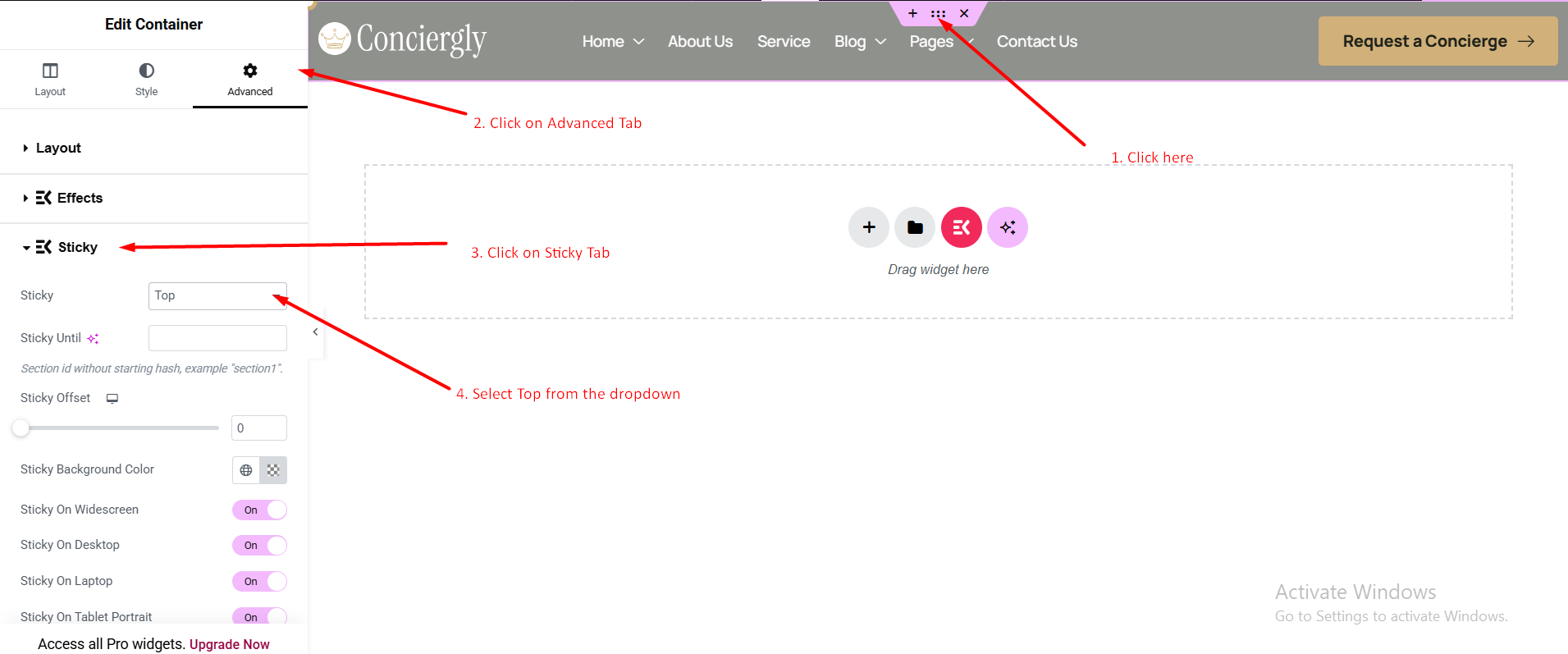 Sticky header settings