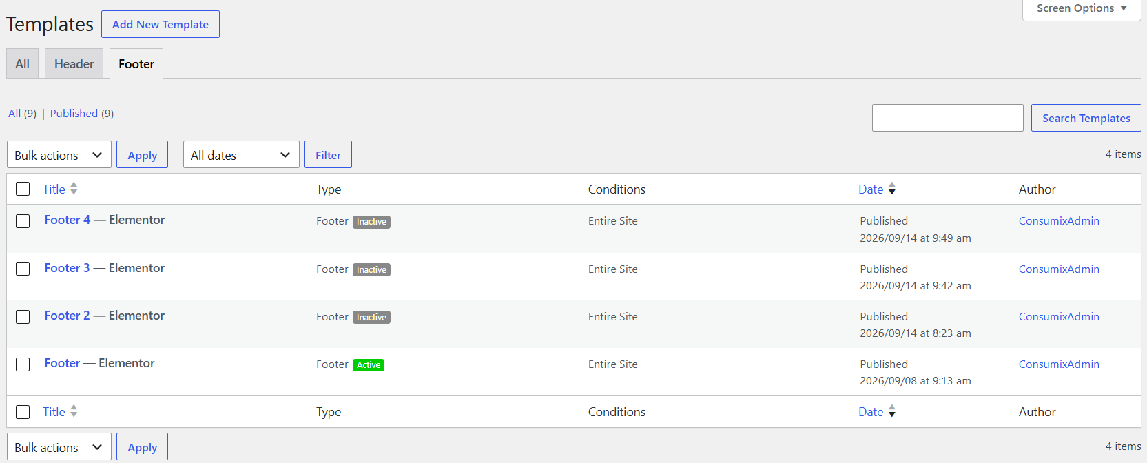 Footer settings example