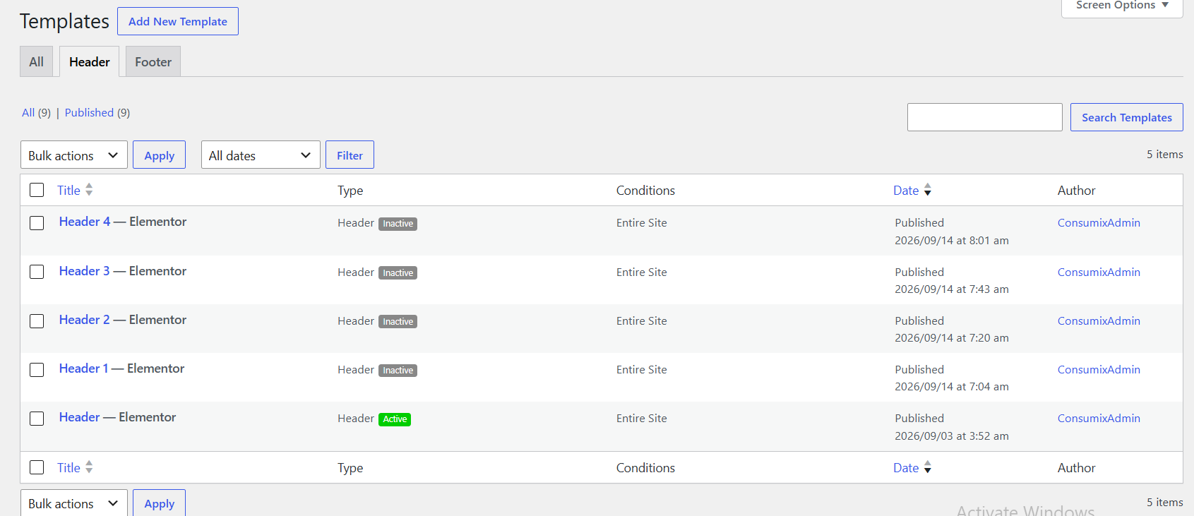 Header settings example