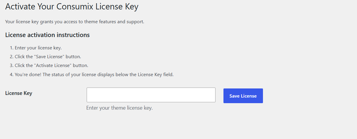 Theme License Activation Screenshot