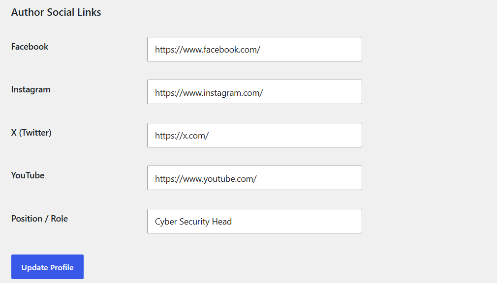 Author social link settings example