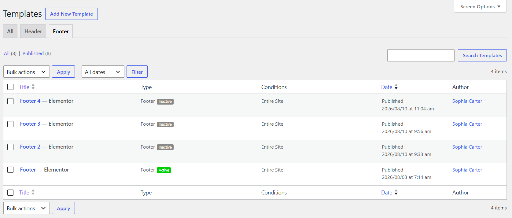 Footer settings example