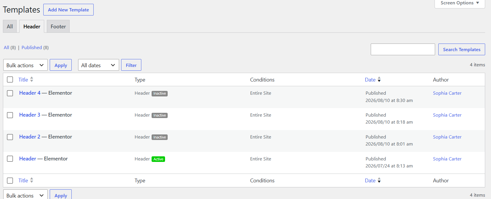 Header settings example
