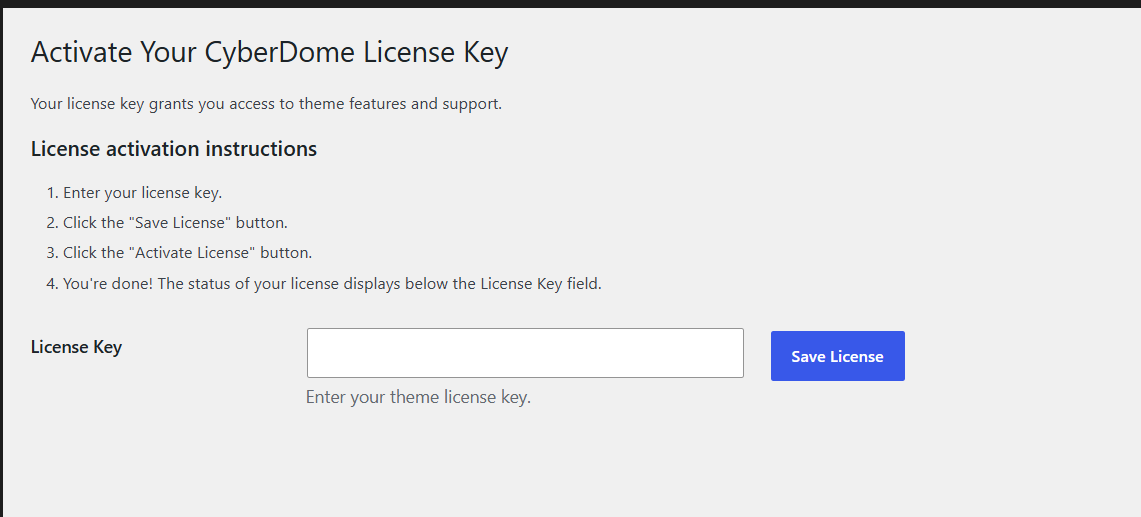 Theme License Activation Screenshot
