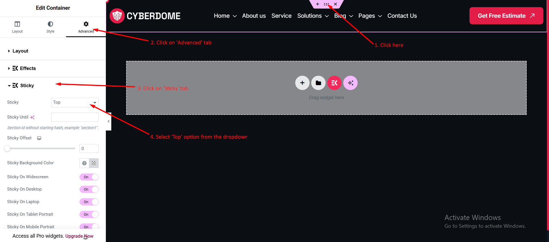 Sticky header settings