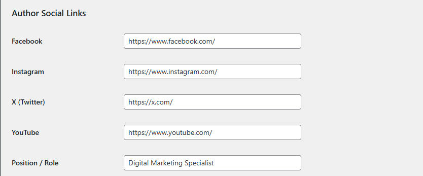 Author social link settings example