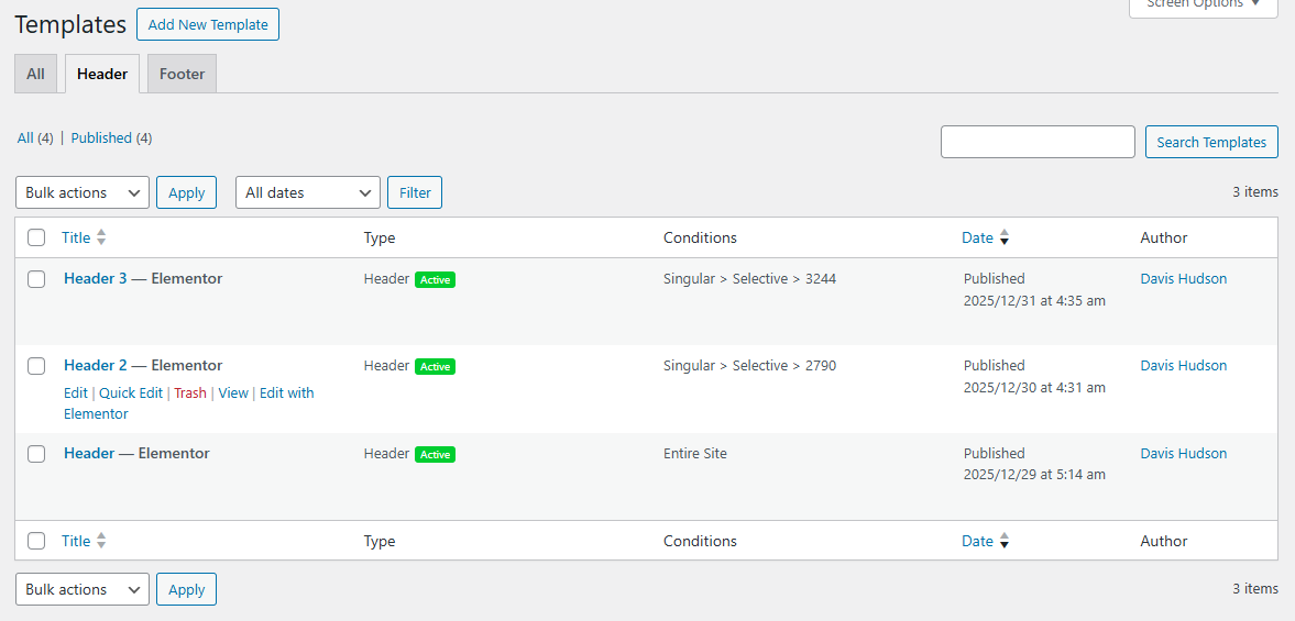 Header settings example