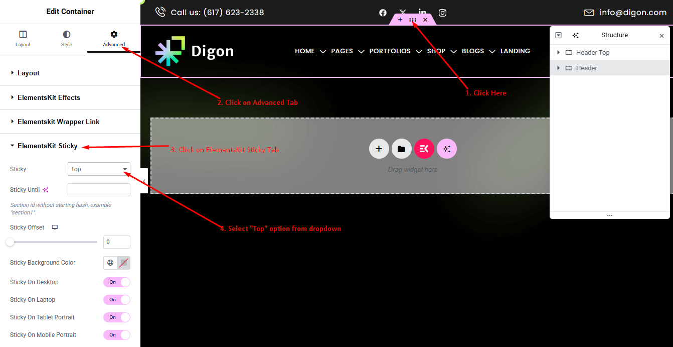 Sticky header settings