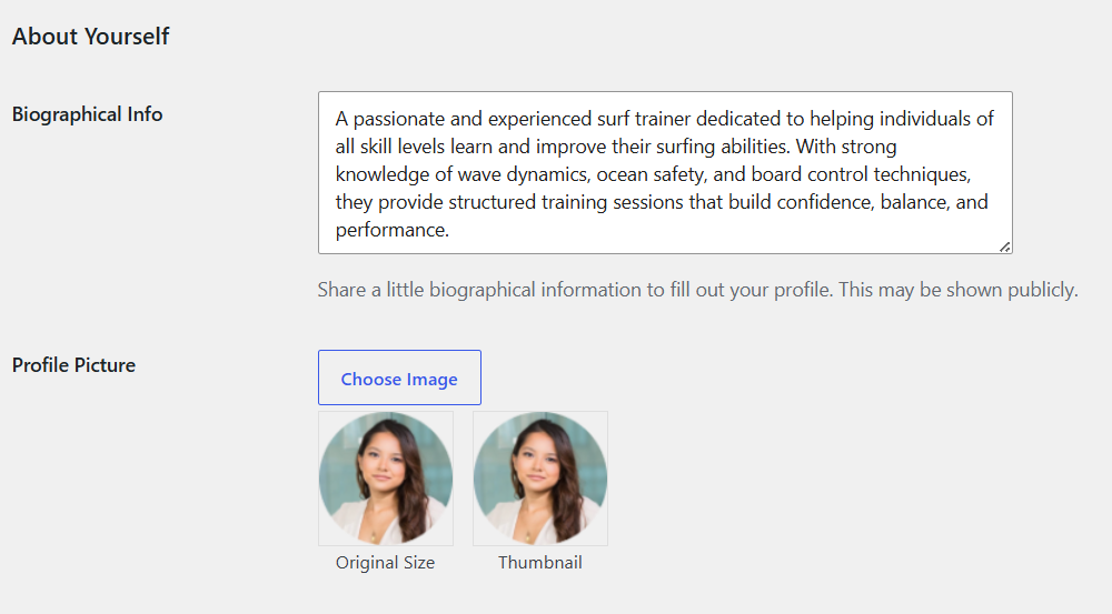 Author bio settings example