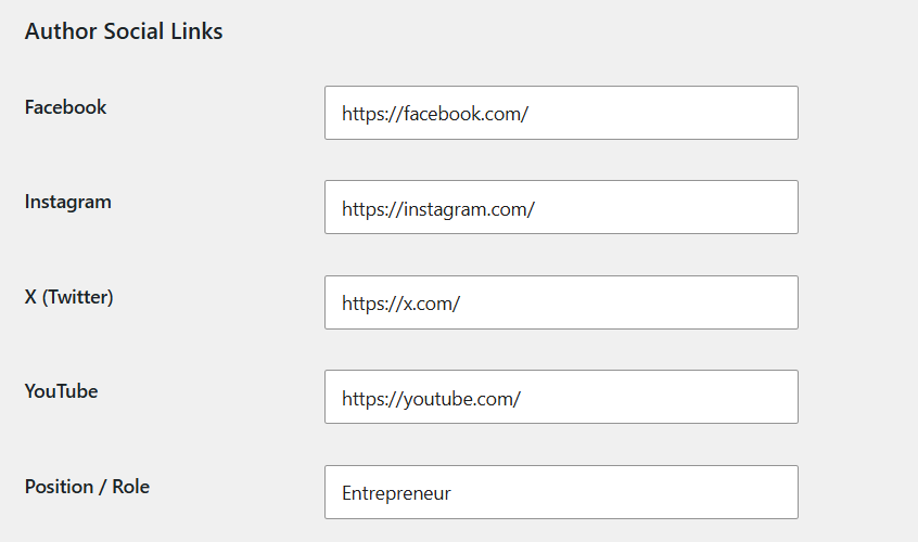 Author social link settings example