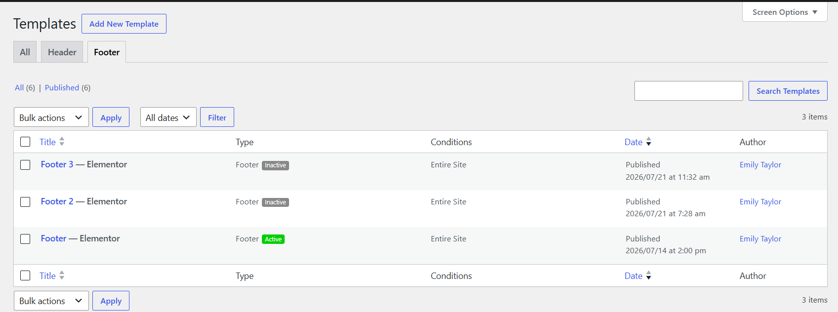 Footer settings example