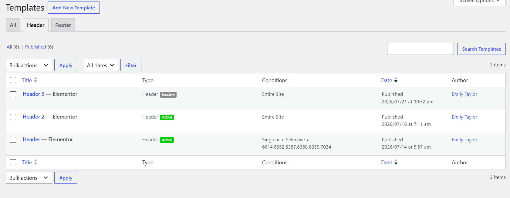 Header settings example