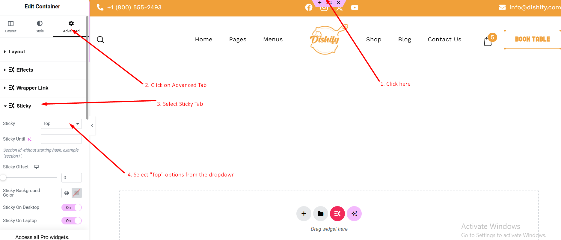 Sticky header settings