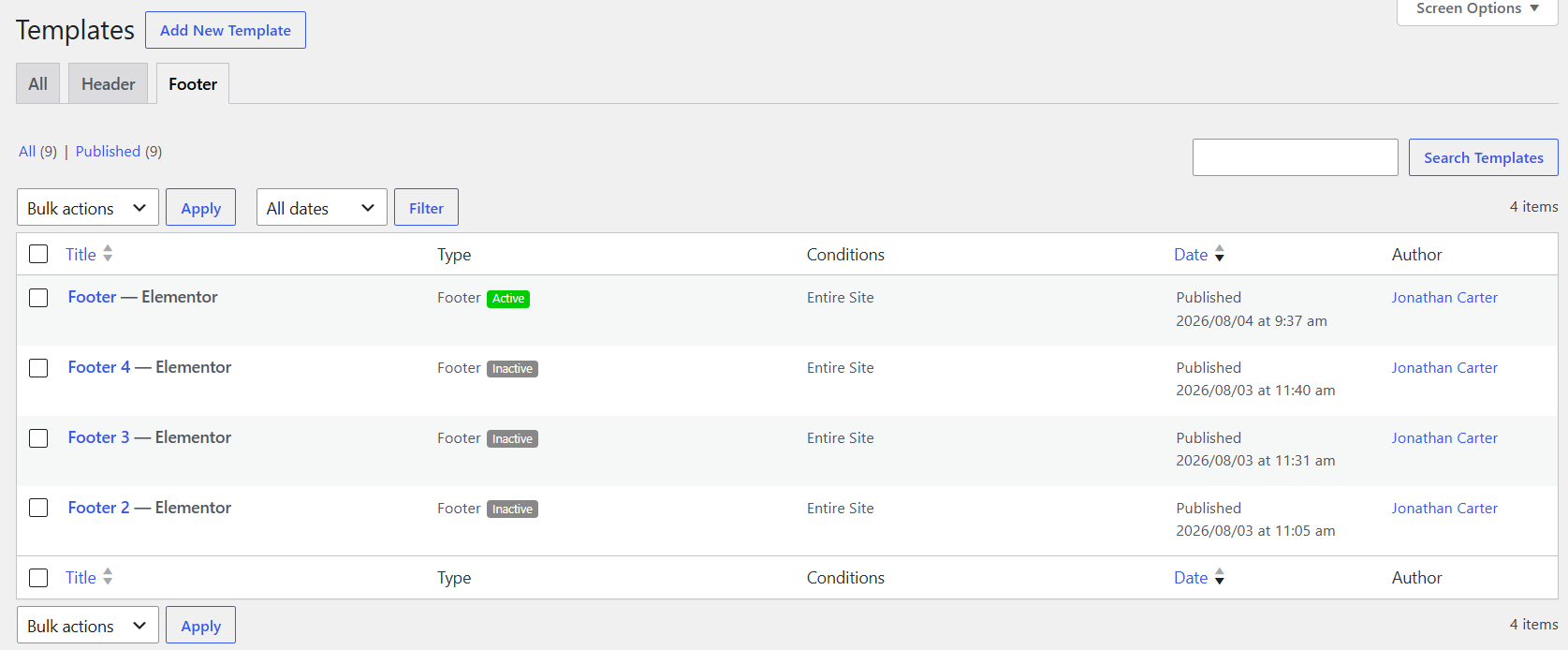 Footer settings example