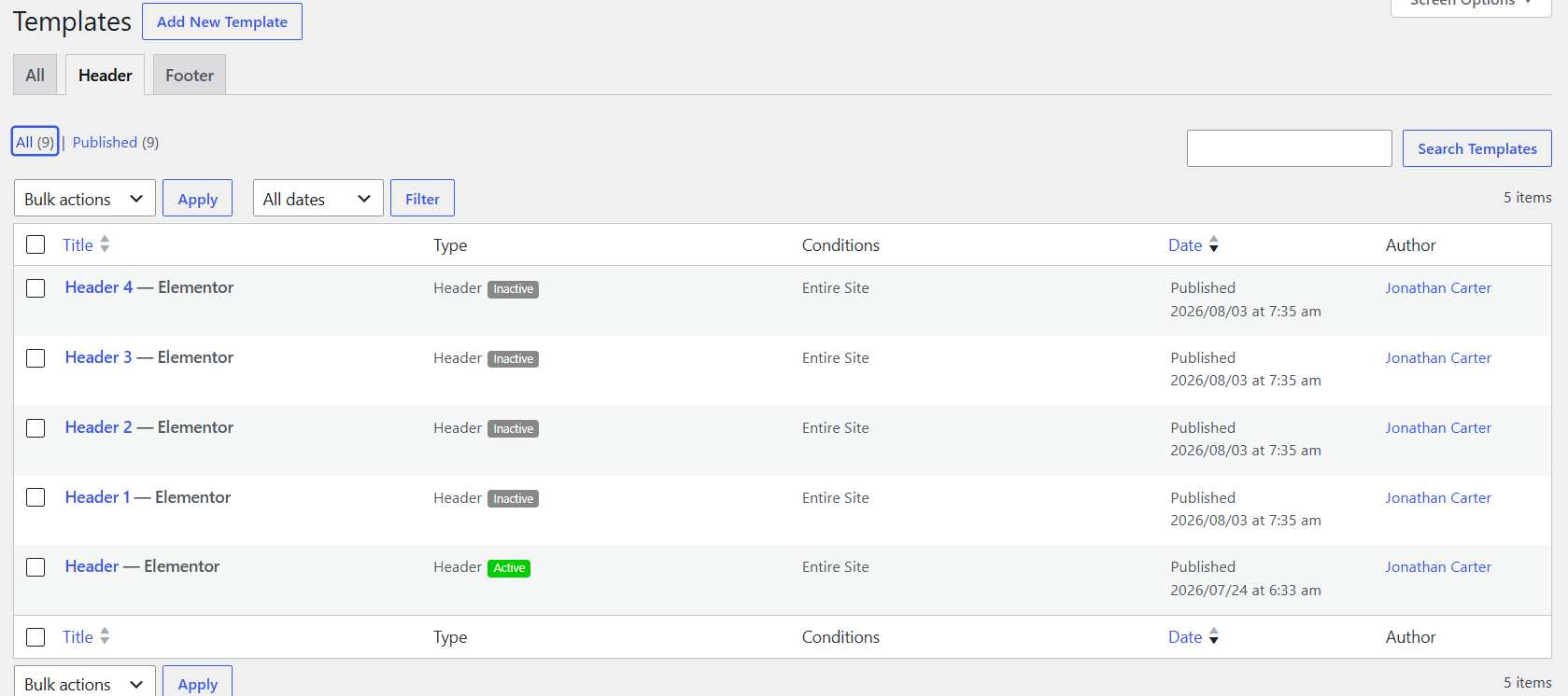 Header settings example