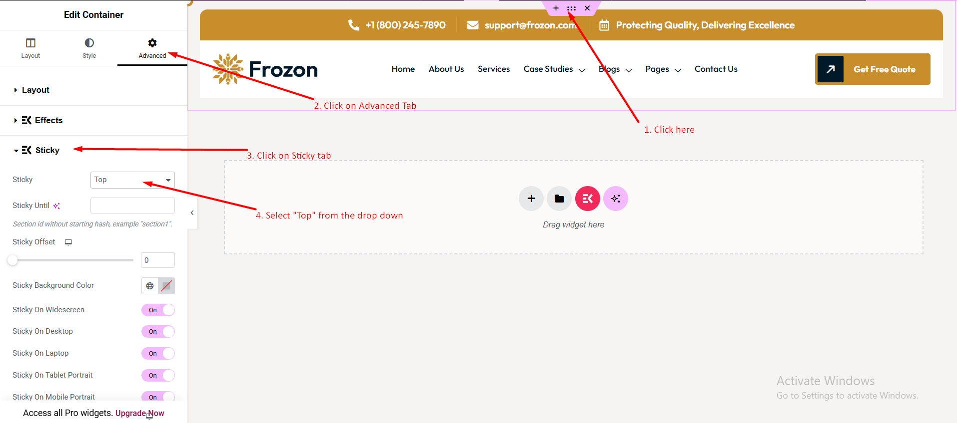 Sticky header settings