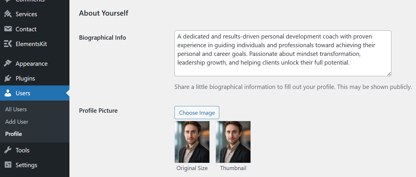 Author bio settings example