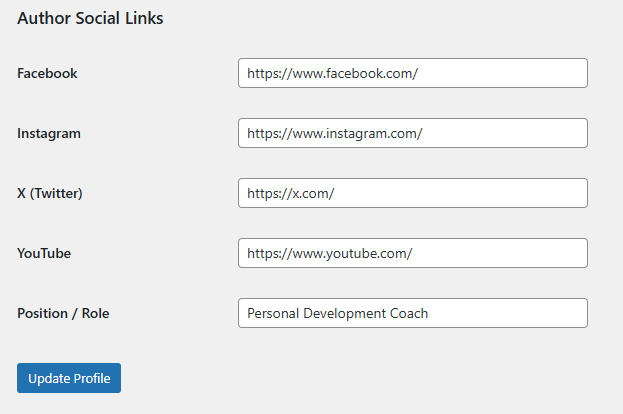Author social link settings example