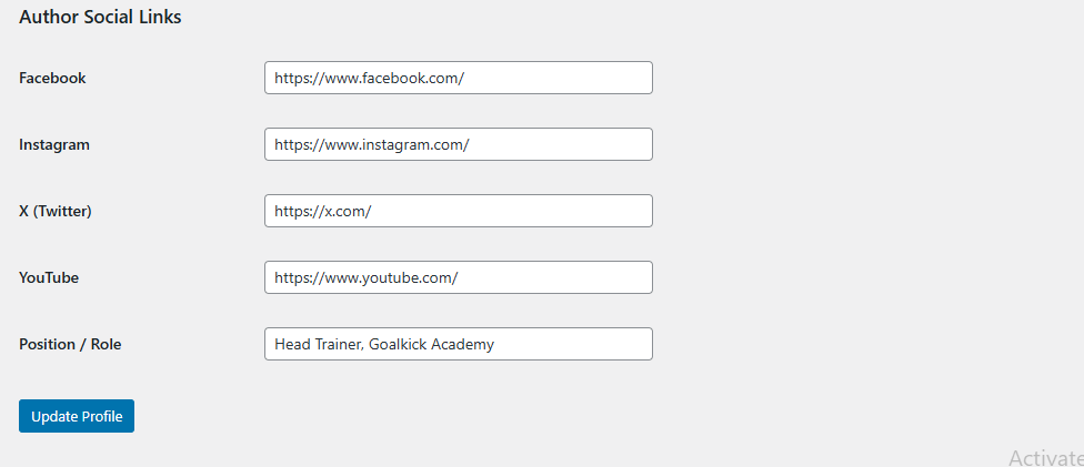 Author social link settings example