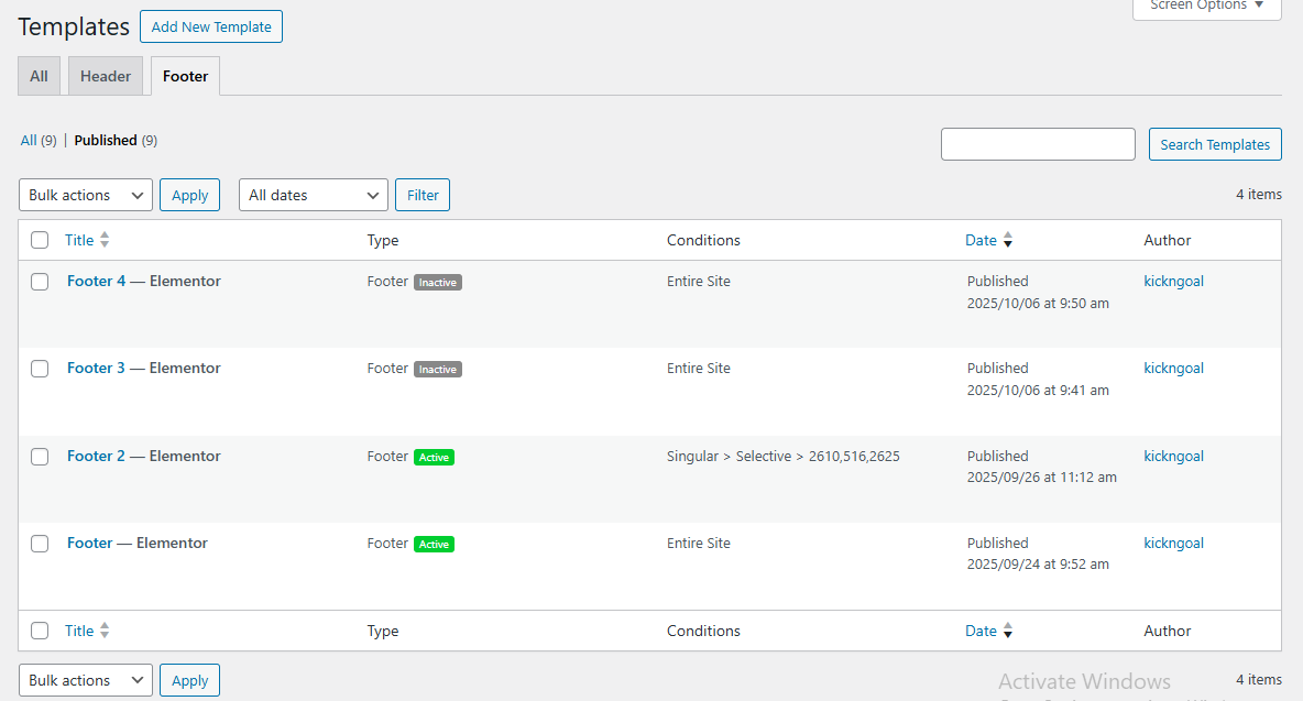 Footer settings example
