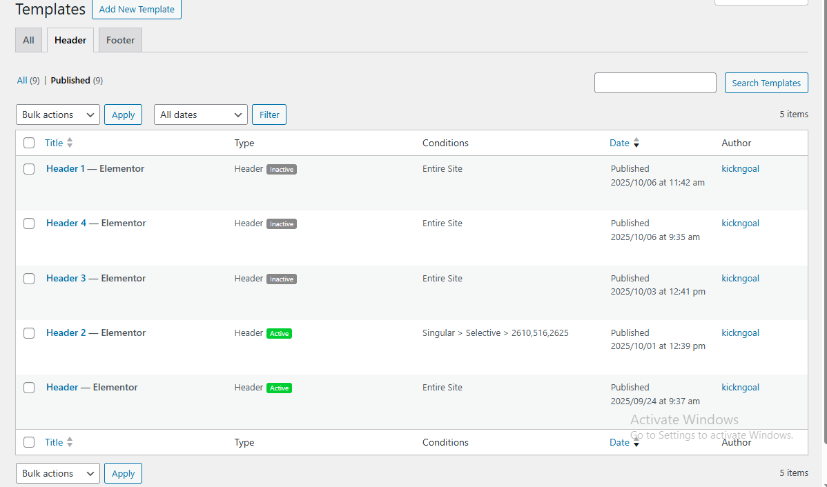 Header settings example