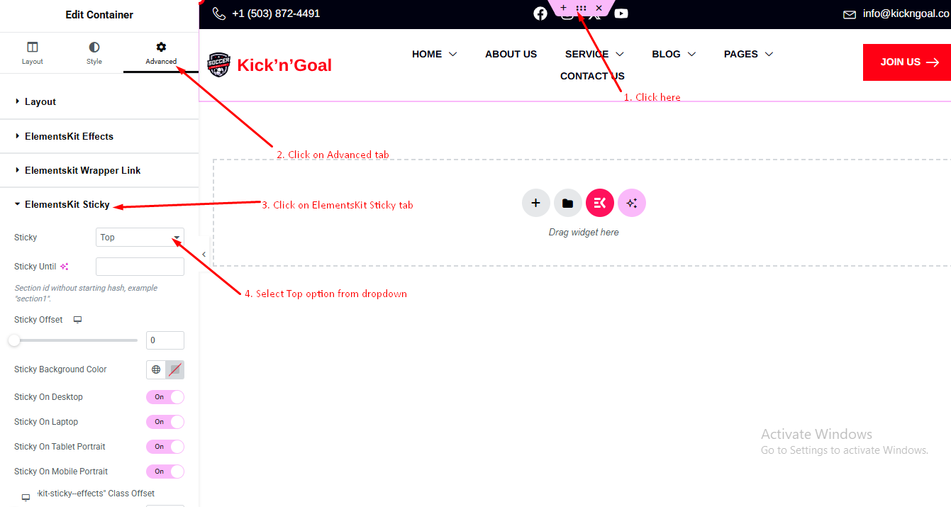 Sticky header settings