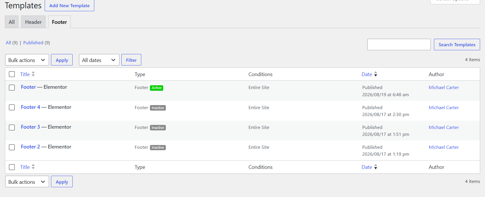Footer settings example