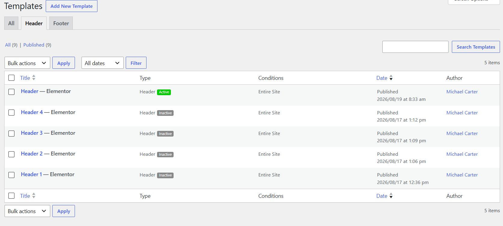 Header settings example