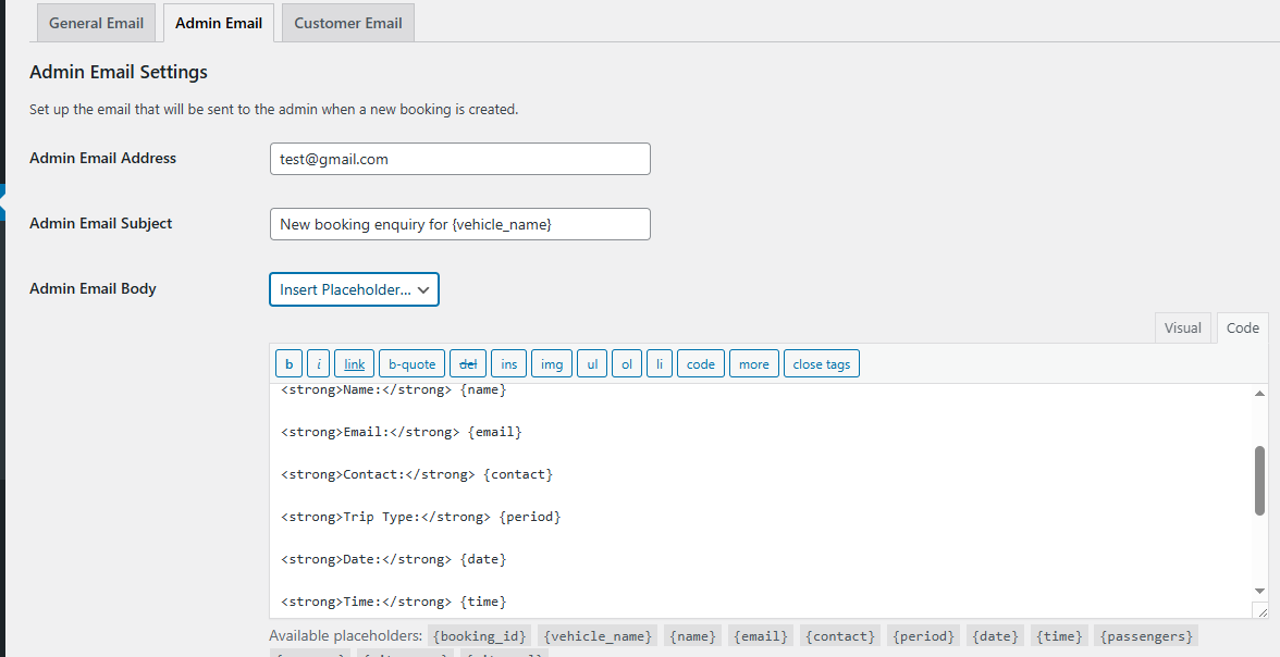 Booking Email General Settings