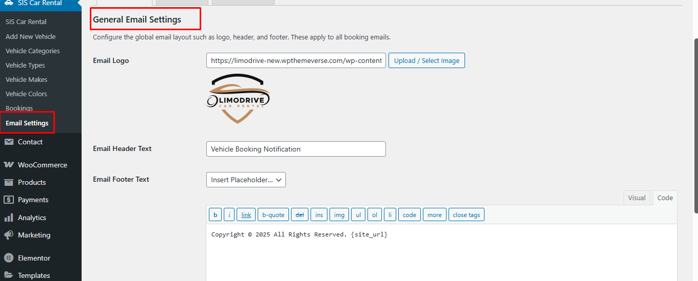 Booking Email General Settings