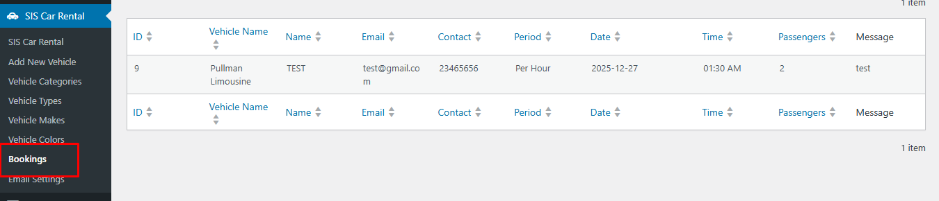 Vehicle Booking List