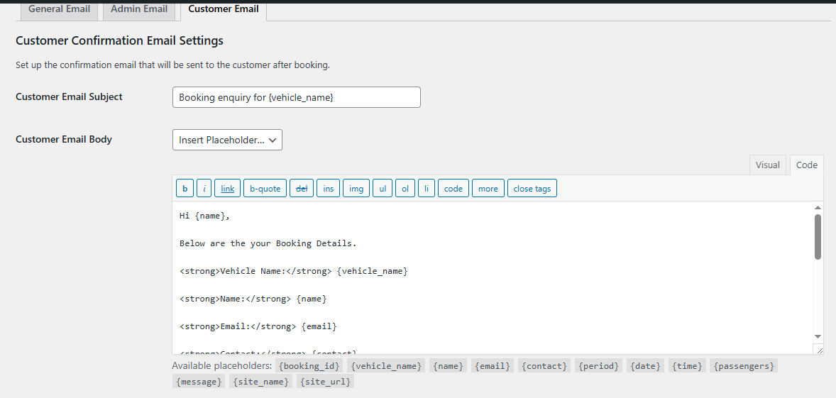 Booking Email General Settings