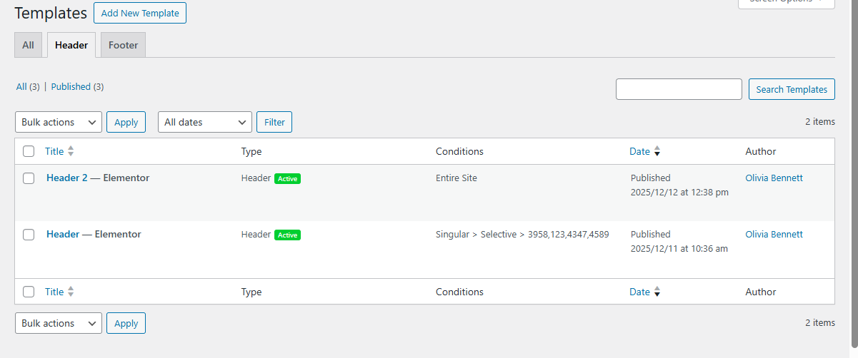 Header settings example