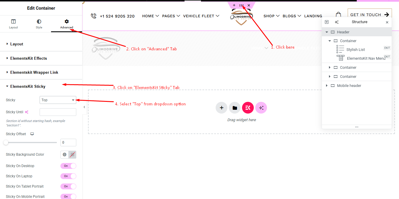 Sticky header settings
