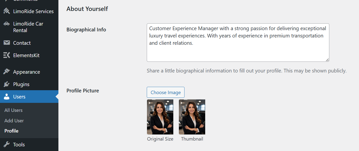 Author bio settings example